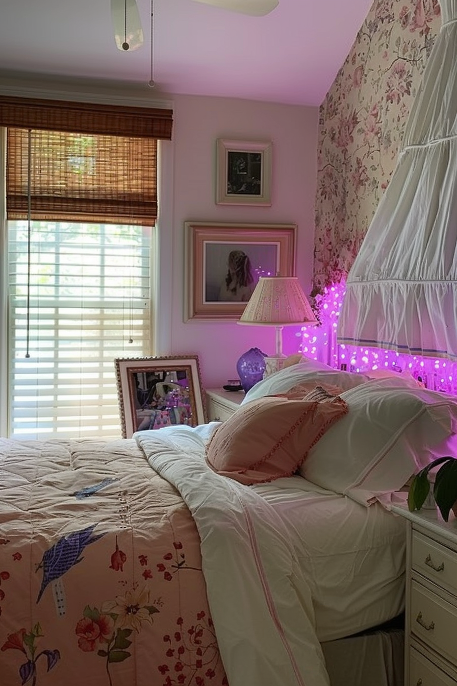 Cozy bedroom interior with a pink theme, floral bedspread, glowing purple LED lights, and decorative elements including framed photos.