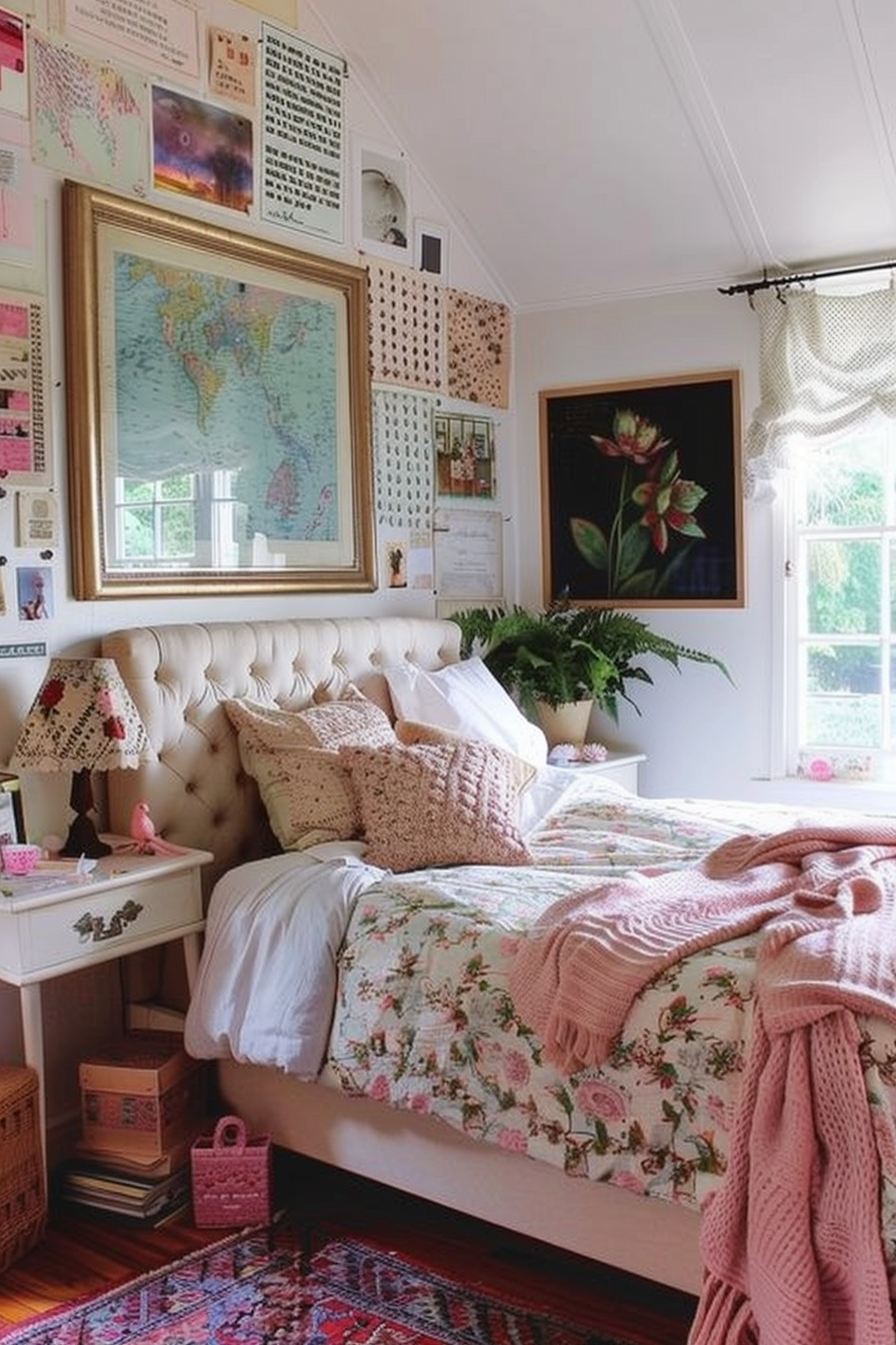 ALT: A cozy bedroom with a tufted headboard, floral bedding, a pink throw blanket, and a wall decorated with various artwork and pictures.