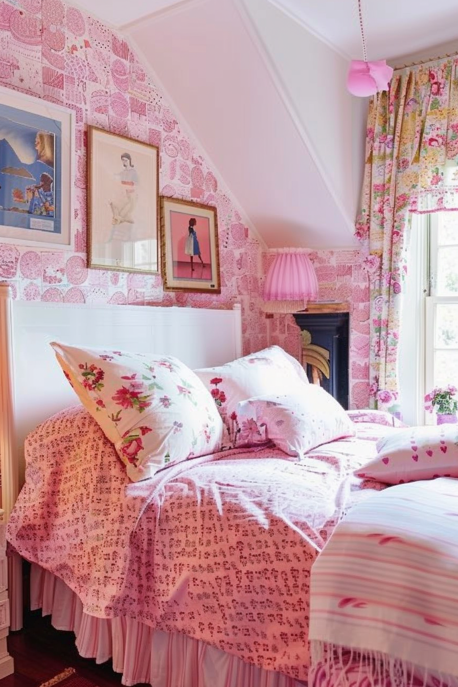 A cozy bedroom with pink patterned wallpaper, artwork, a white bed with floral bedding, and a pink lampshade.