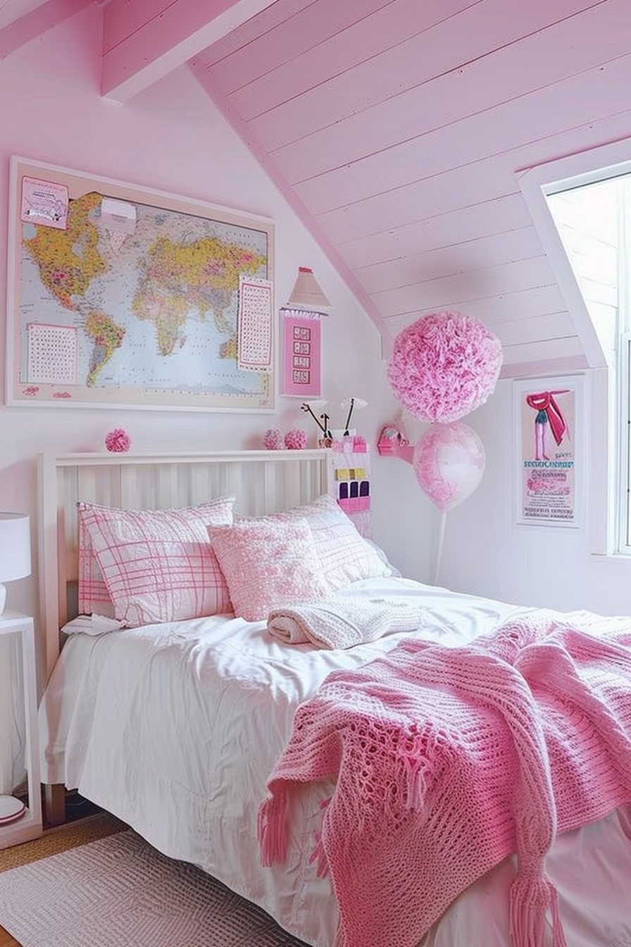 A cozy bedroom with pink accents, featuring a world map on the wall, decorative pillows, and a fluffy pink overhead light.