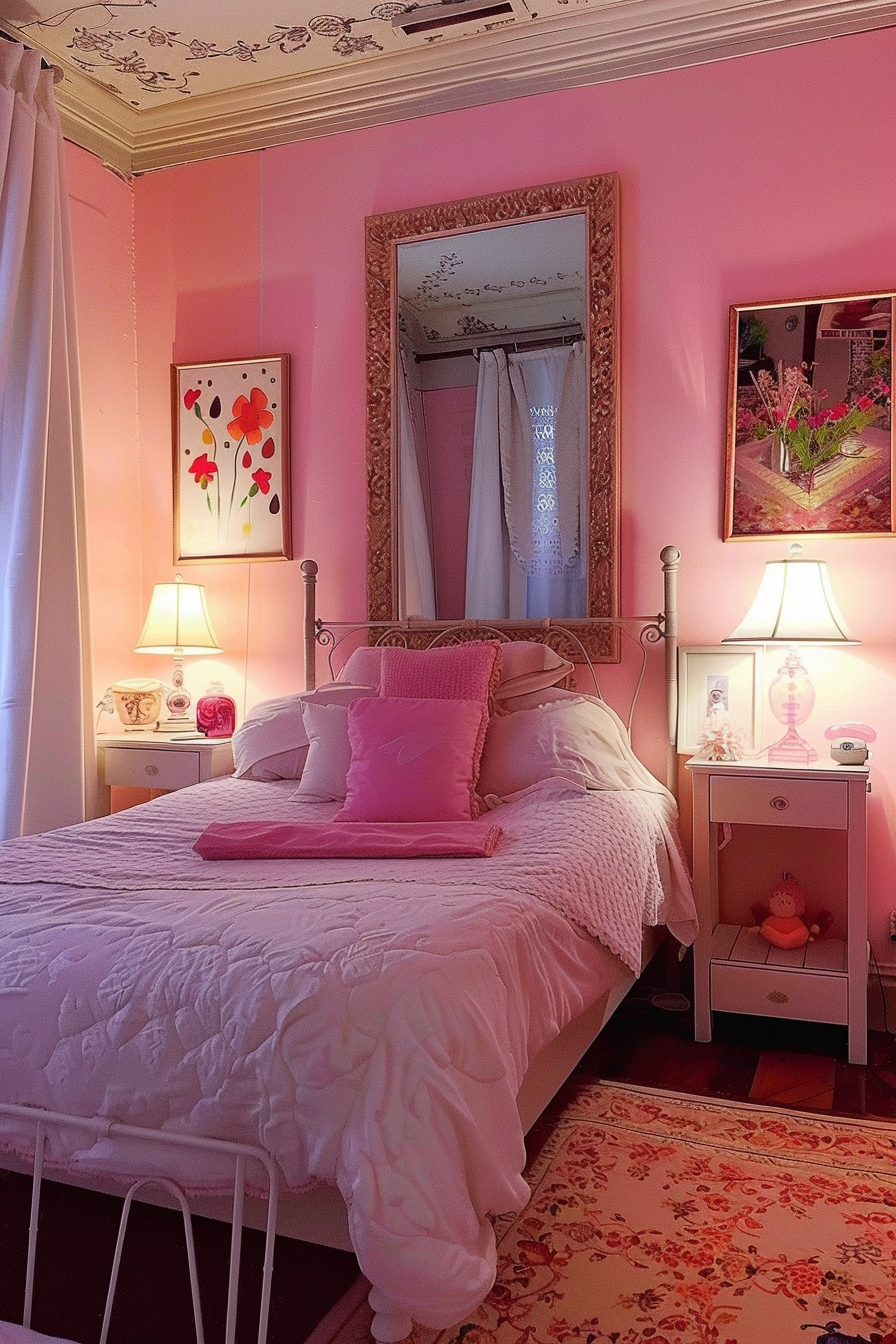 ALT Text: "Cozy pink-themed bedroom with a white bed, decorative pillows, bedside tables with lamps, floral artwork, and a large framed mirror."