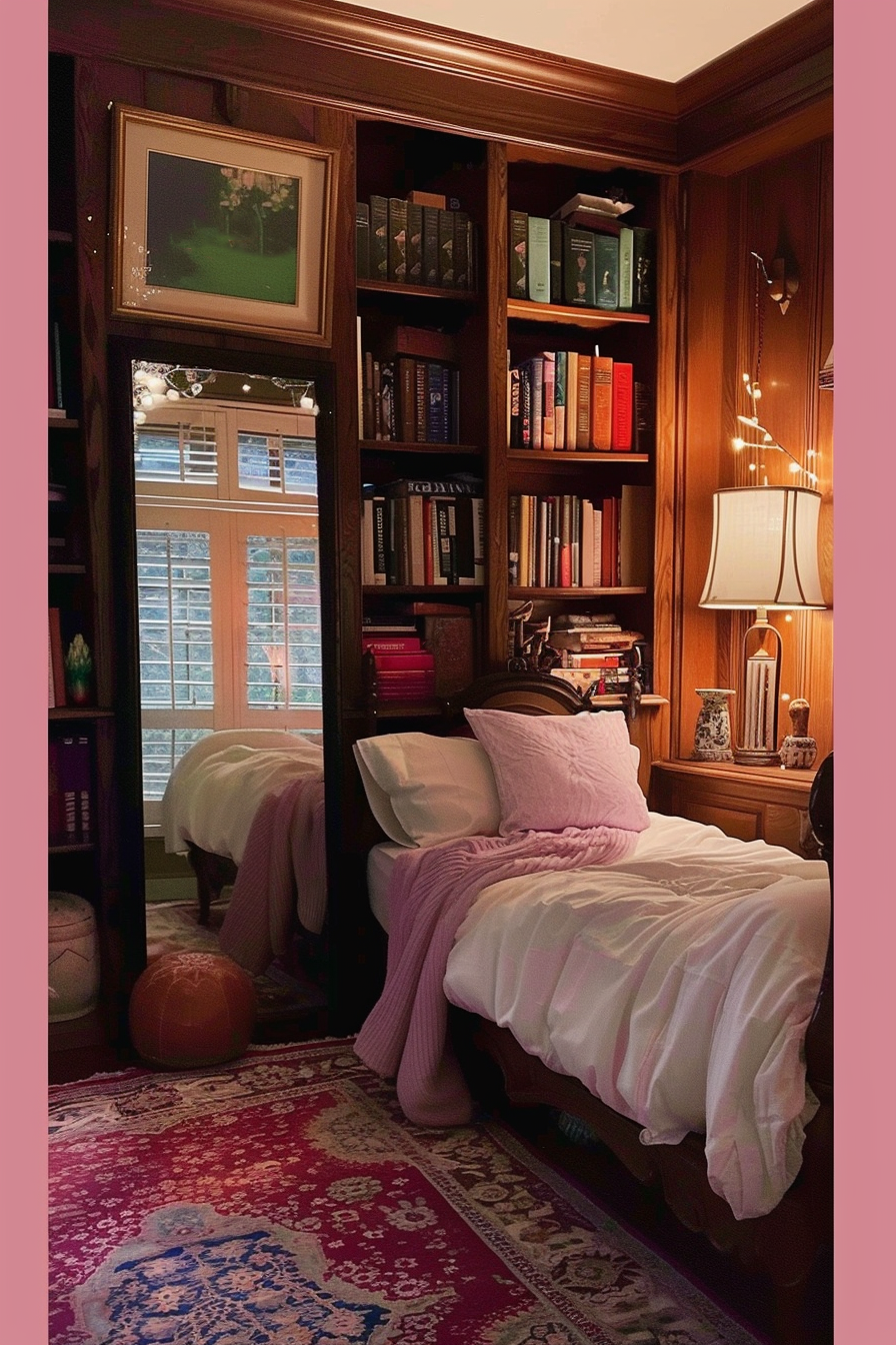 Cozy bedroom with a single bed, pink bedding, a wooden bookshelf full of books, a table lamp, and a patterned rug on the floor.