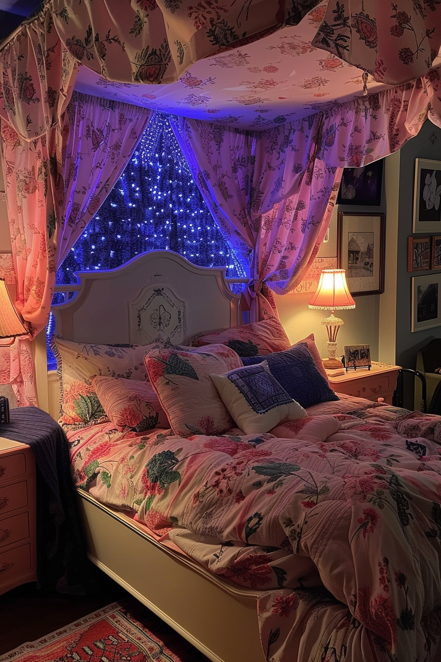 ALT: A cozy bedroom with floral bedding, a canopy with fairy lights, framed artworks on the walls, and a warm glowing table lamp.