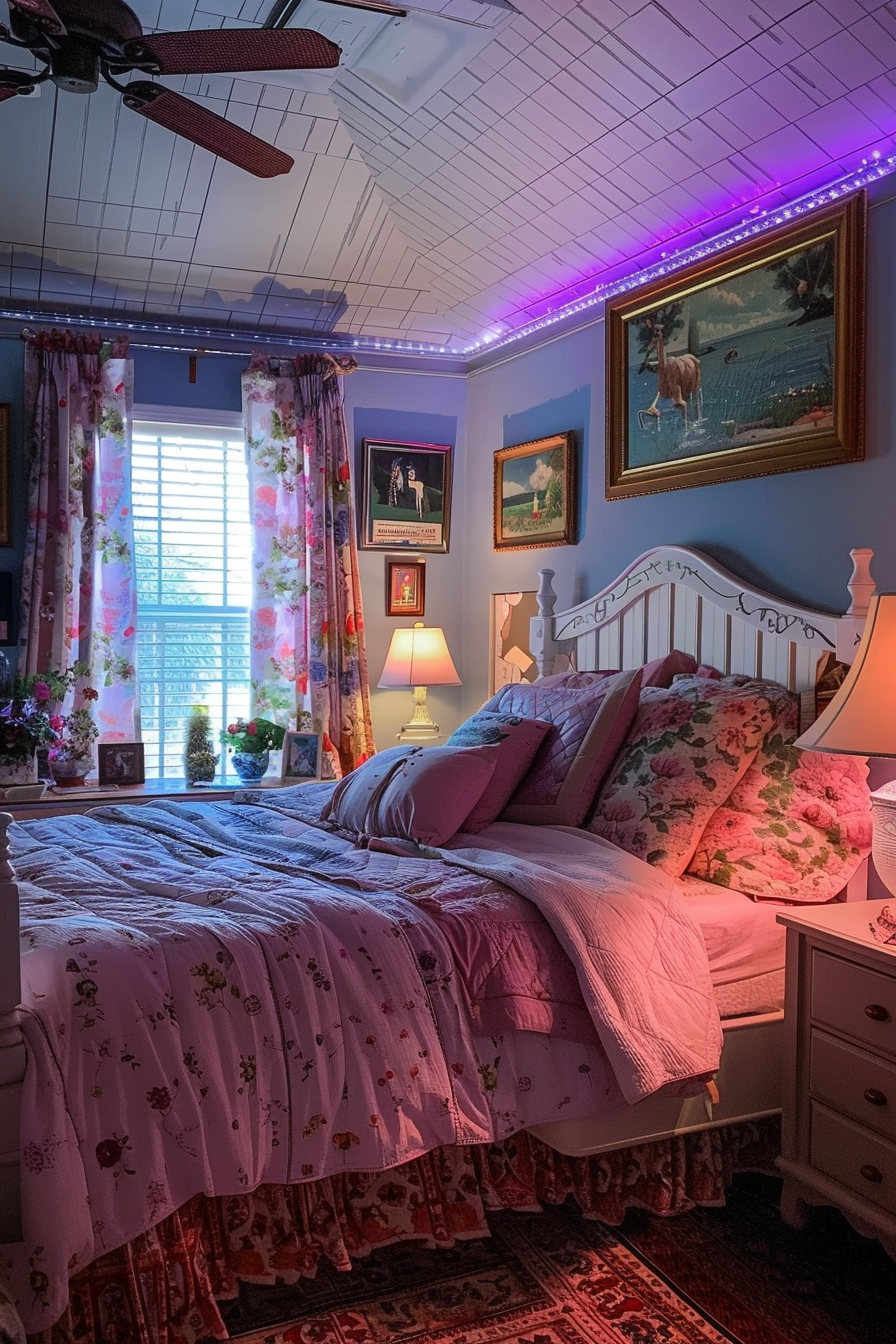 Cozy bedroom with floral bedding and curtains, ambient lighting, paintings on the wall, and a ceiling fan.
