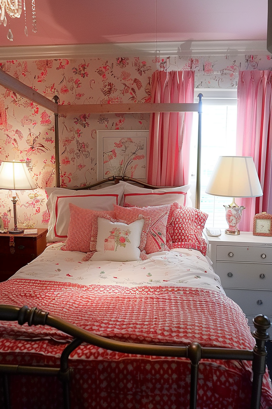 A cozy bedroom with matching floral wallpaper and red curtains, white and red bedding, a metal bed frame, and table lamps.