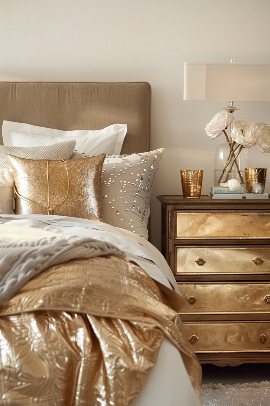 Elegant bedroom with golden accents, decorative pillows on a bed, and a bedside table with flowers and candles.