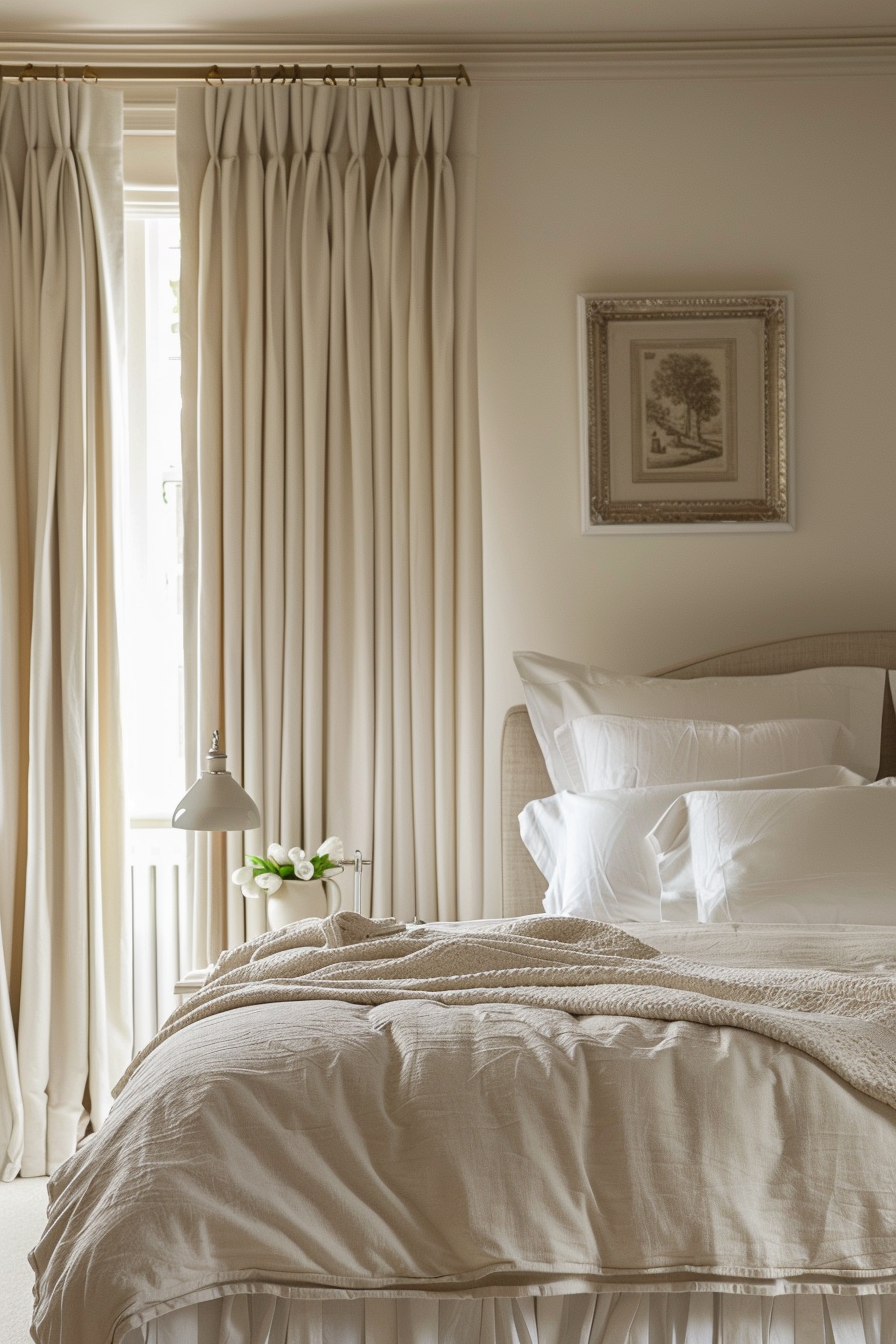 A cozy bedroom with beige curtains, a framed artwork on the wall, a bed with white linens, and a bedside lamp with flowers.