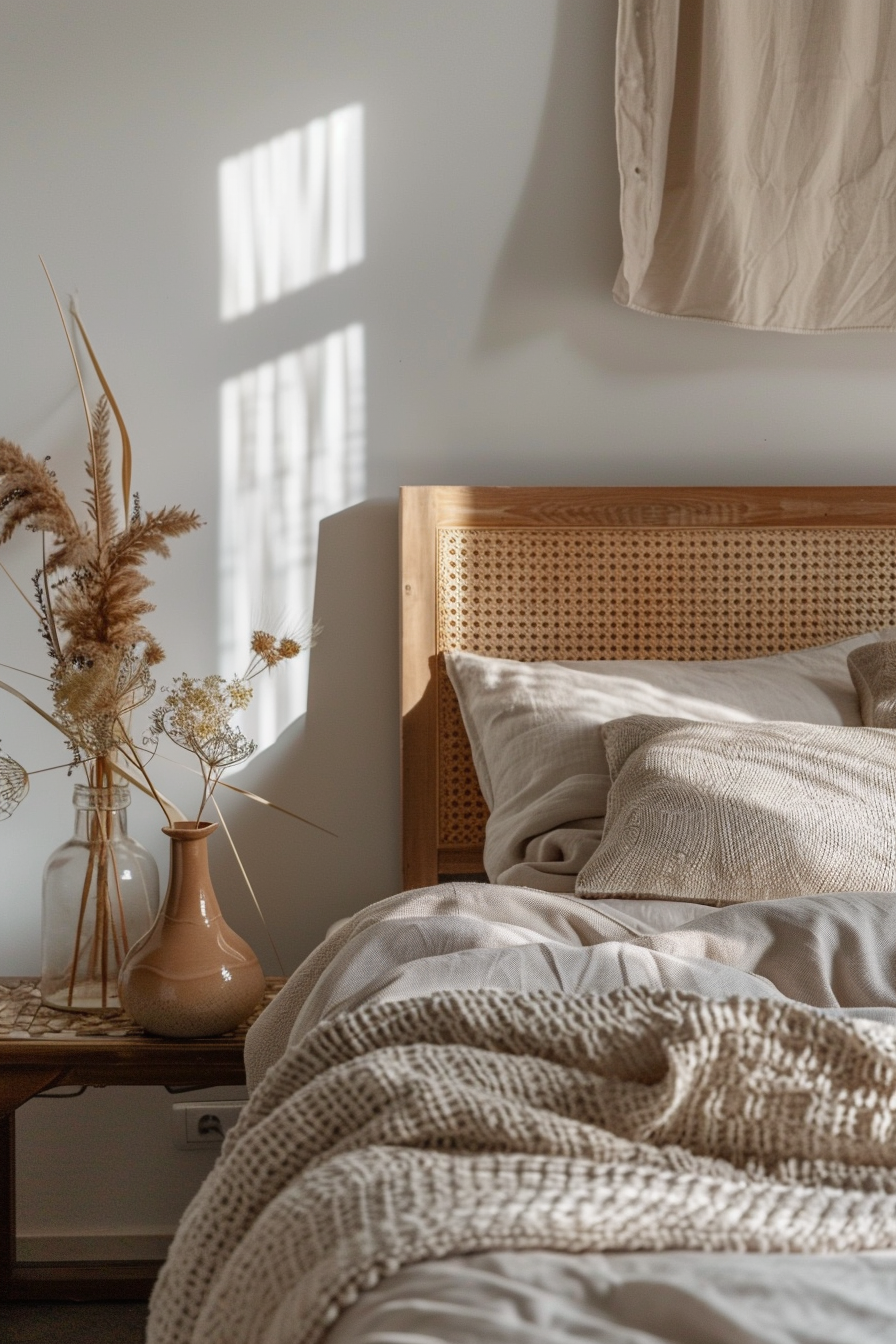 ALT: A cozy bedroom with natural light casting shadows on the wall, a rattan headboard, textured bedding, and a vase with dried flowers.
