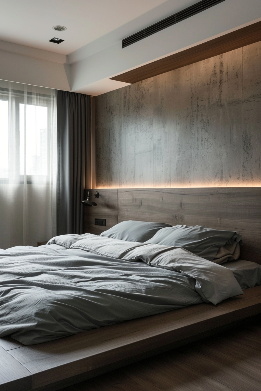 A modern bedroom with an unmade bed, grey bedding, wood accents, and ambient lighting.