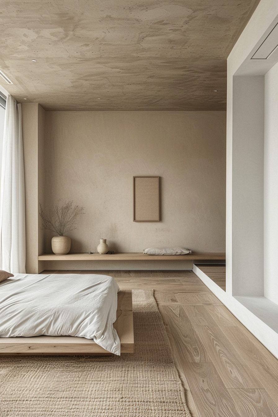Minimalist bedroom with a low wooden bed, beige walls, simple decor, large window with white curtains, and textured rug.