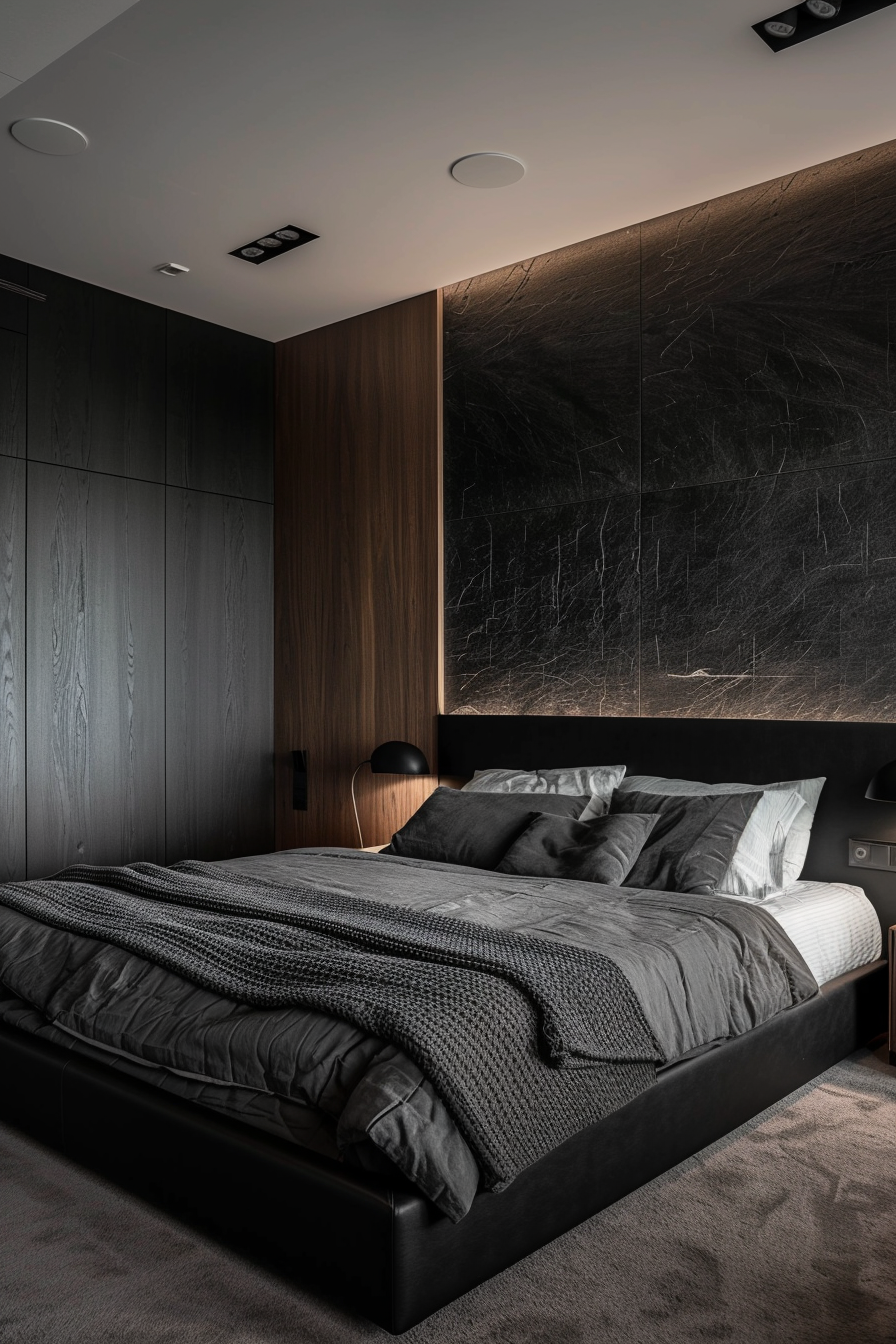 A modern bedroom with a large bed, dark linens, wooden paneling, and a textured black accent wall.