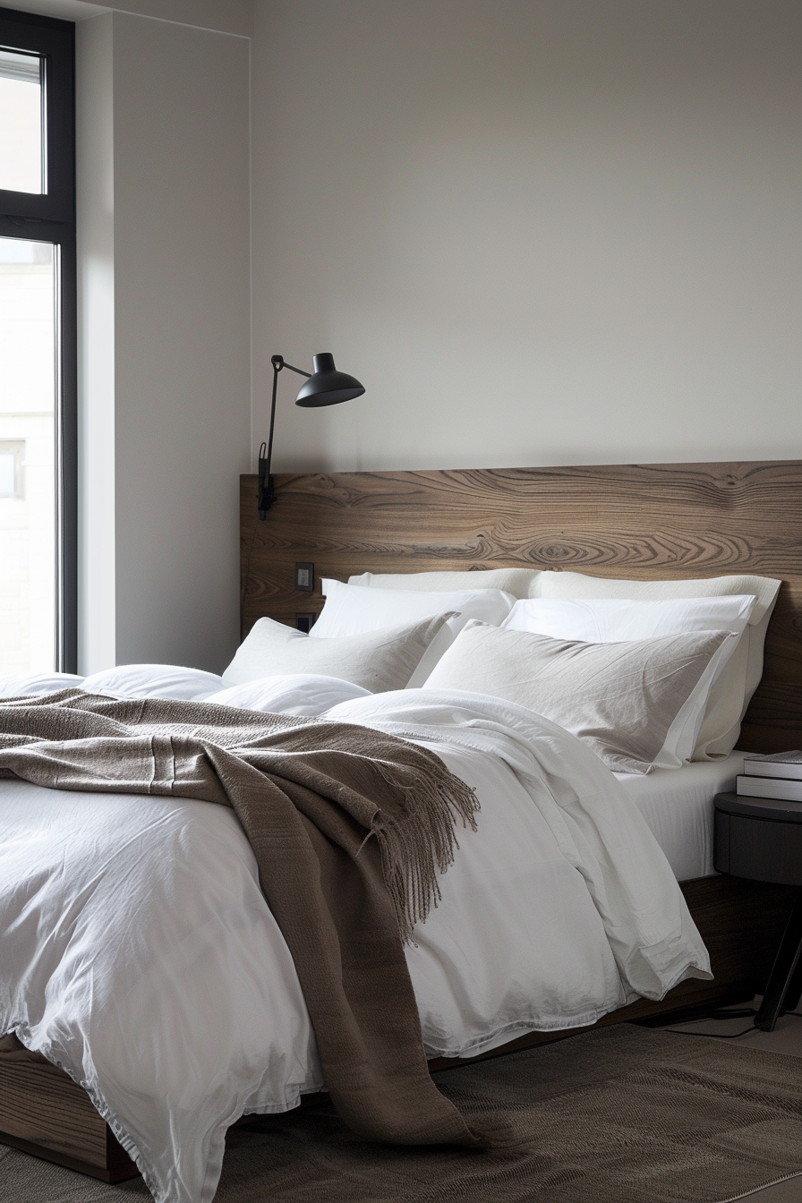 ALT: A neatly made bed with white bedding and a brown throw blanket, wooden headboard, and a wall-mounted bedside lamp in a serene bedroom.