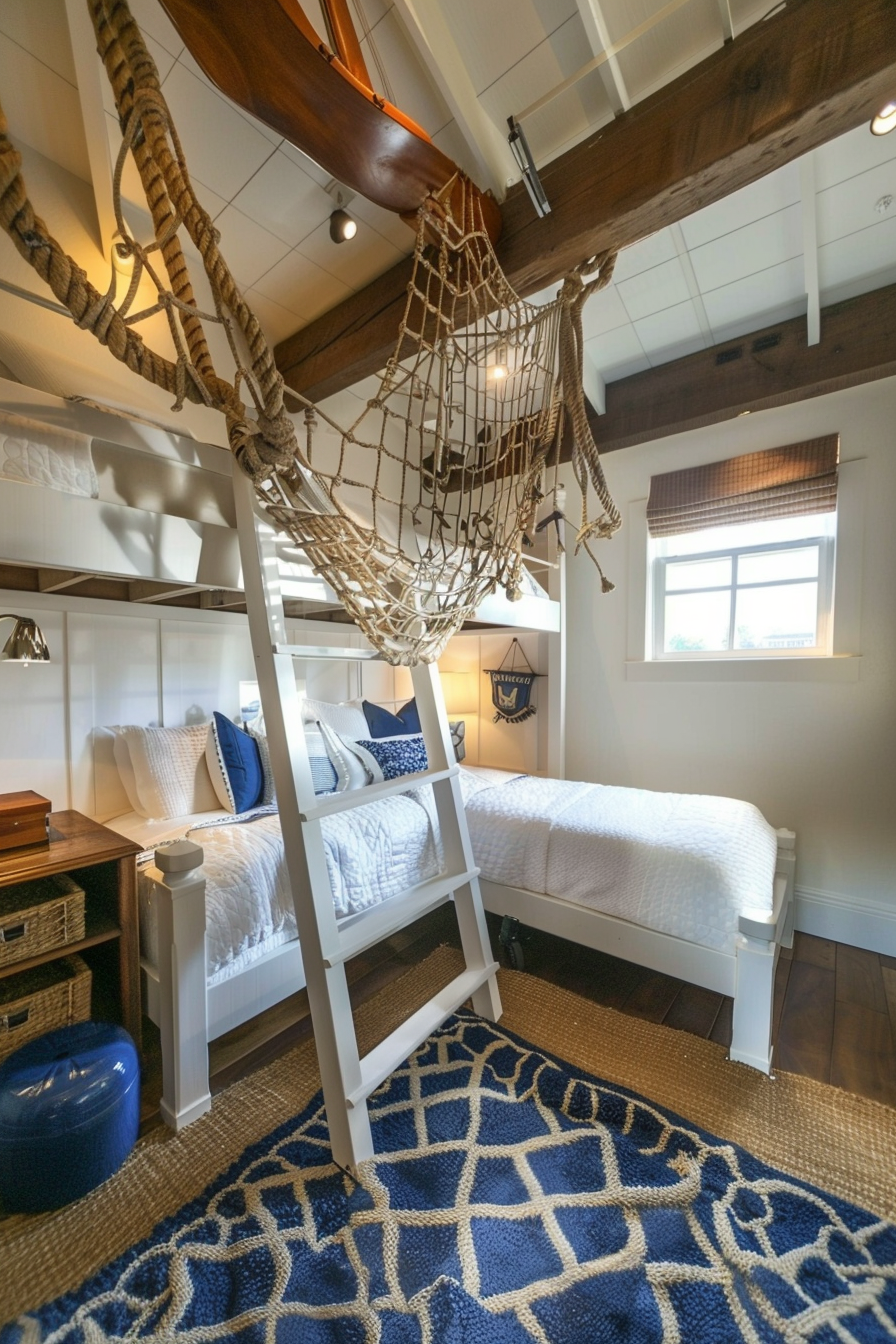 Nautical-themed bedroom with bunk beds, rope ladder, and a hanging net, accented by blue and white bedding and a marine carpet.