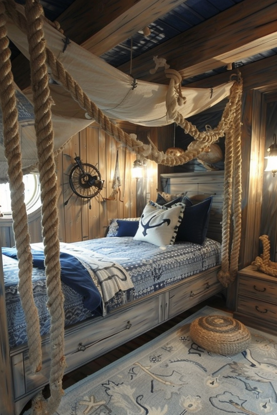 A nautical-themed bedroom with a bed suspended by thick ropes, wooden walls, maritime decorations, and anchor-patterned pillows.