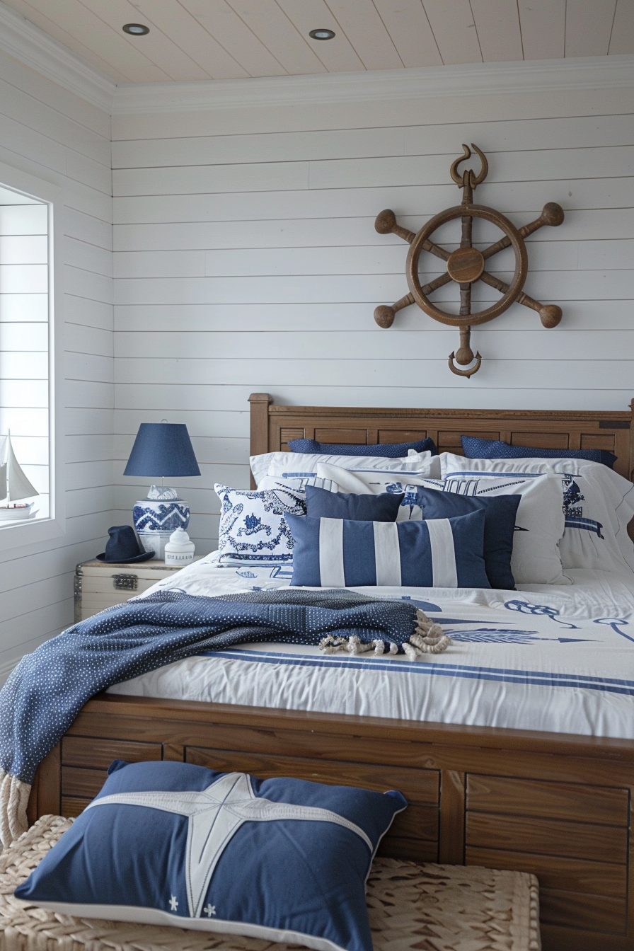 A nautical-themed bedroom with blue and white bedding, wooden ship's wheel on the wall, and maritime decorations.