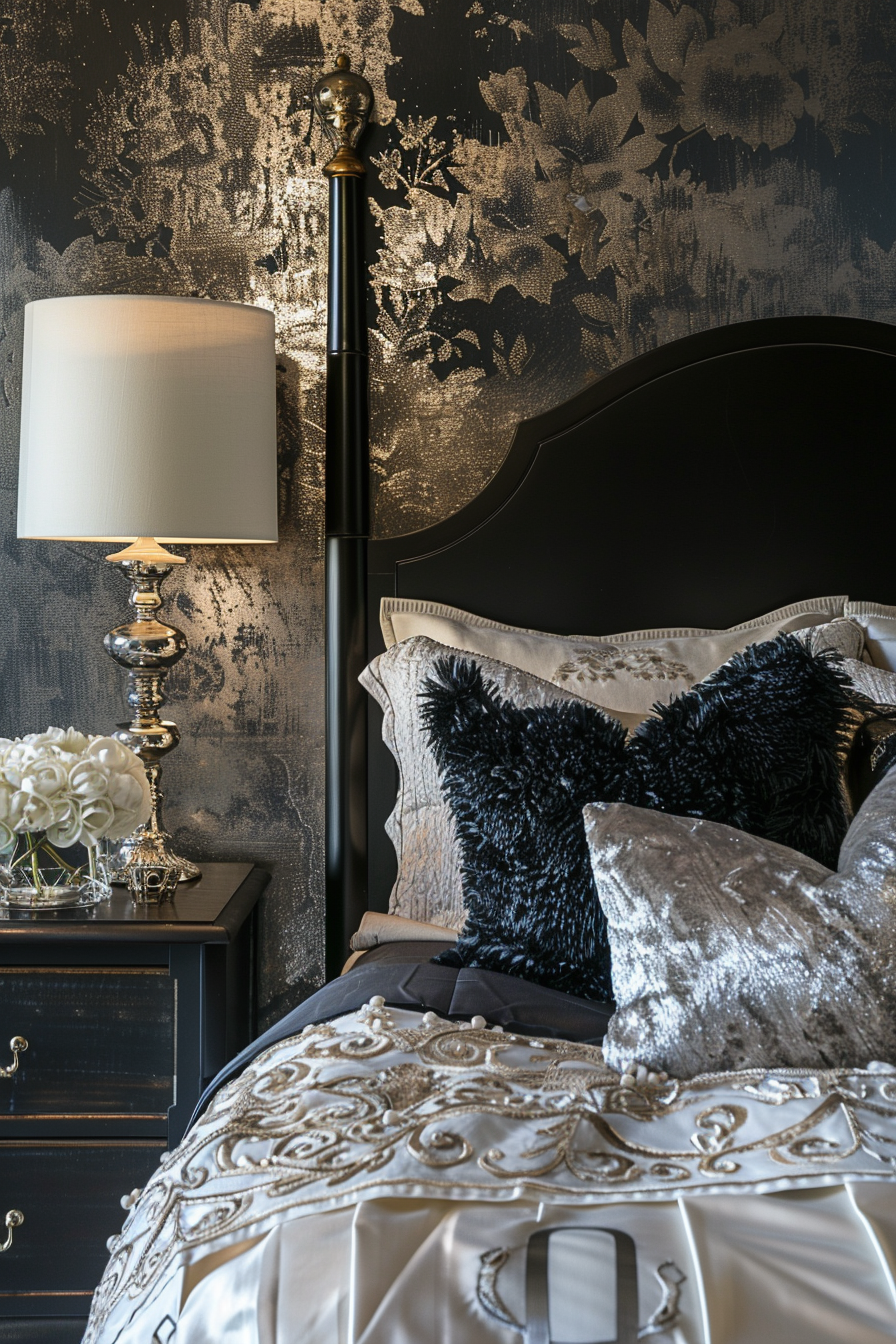 Elegant bedroom corner with a black bedpost, silver lamp on a nightstand, and a textured metallic wallpaper.