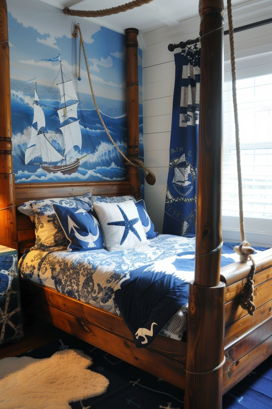 Nautical-themed bedroom with a ship mural, rope accents, and blue-white bedding featuring maritime motifs.