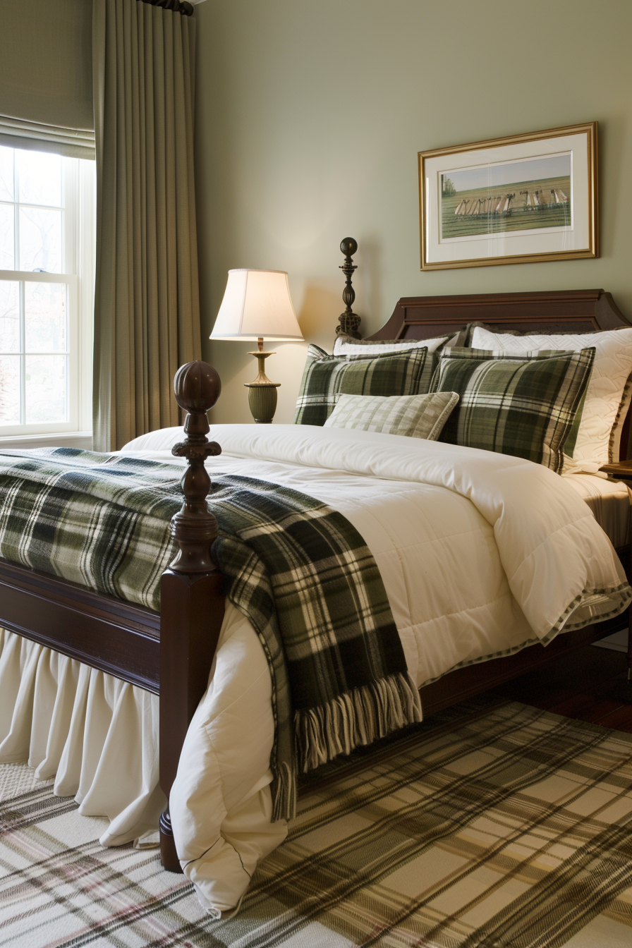 Traditional bedroom with a wooden bed covered in plaid bedding, a bedside lamp on, and a framed picture above the bed.