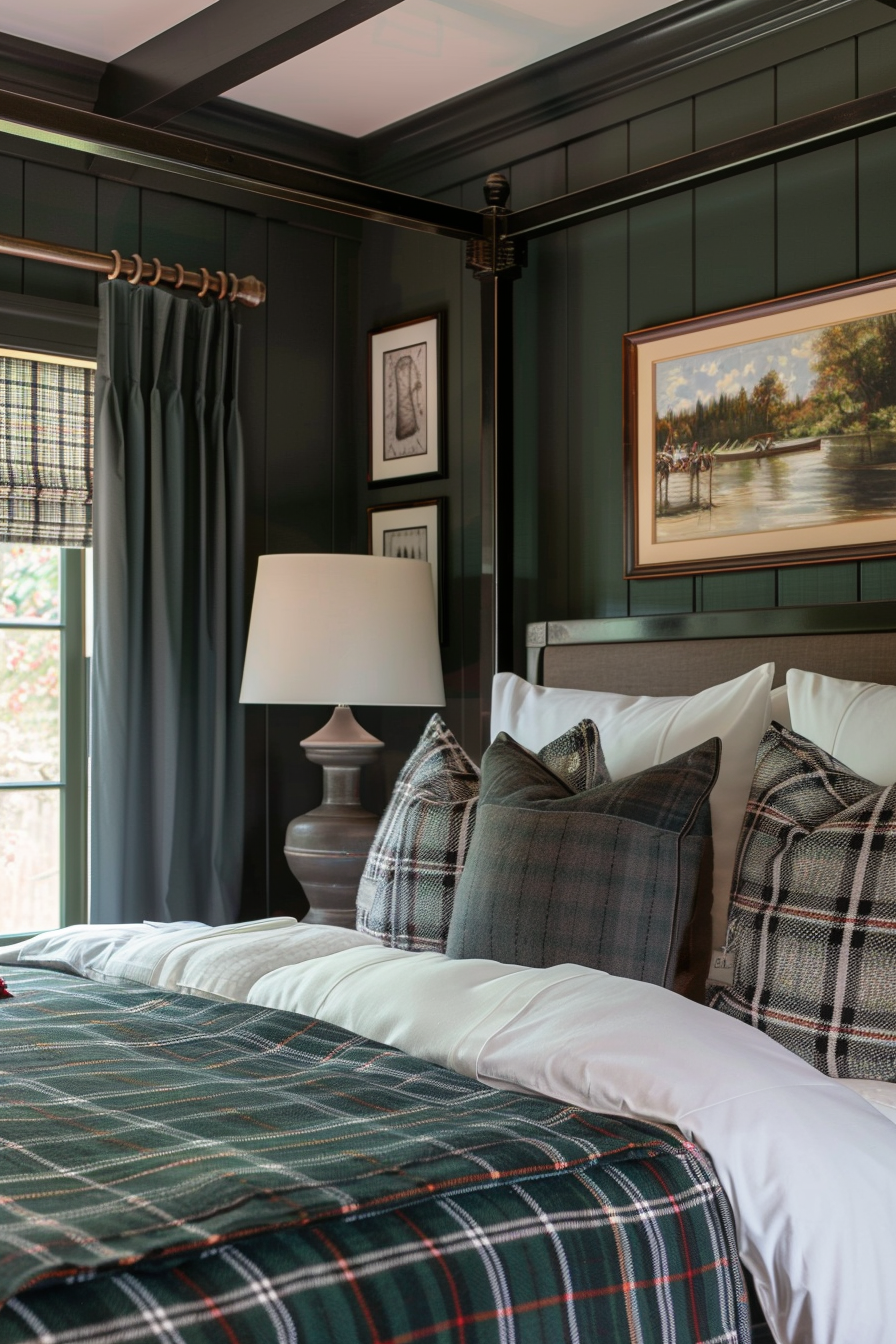 ALT: A cozy bedroom with dark green wainscoting, plaid bedding, a classic lamp on a nightstand, framed artwork, and curtains by a window.