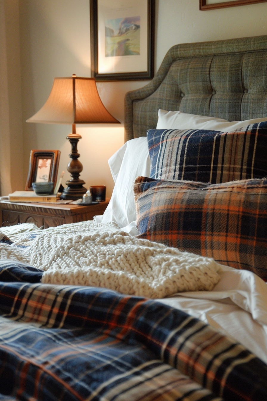A cozy bedroom with plaid bedding, a knitted throw, and a classic lamp on a bedside table, with a framed picture on the wall.