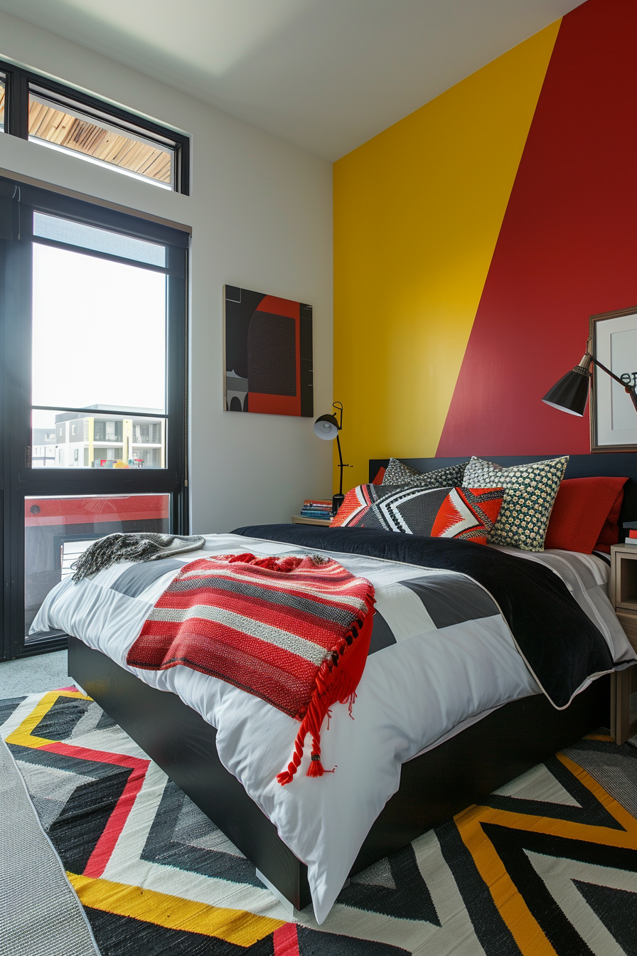 Modern bedroom with bold red and yellow diagonal wall paint, a black and white bed set, and a geometric patterned rug.