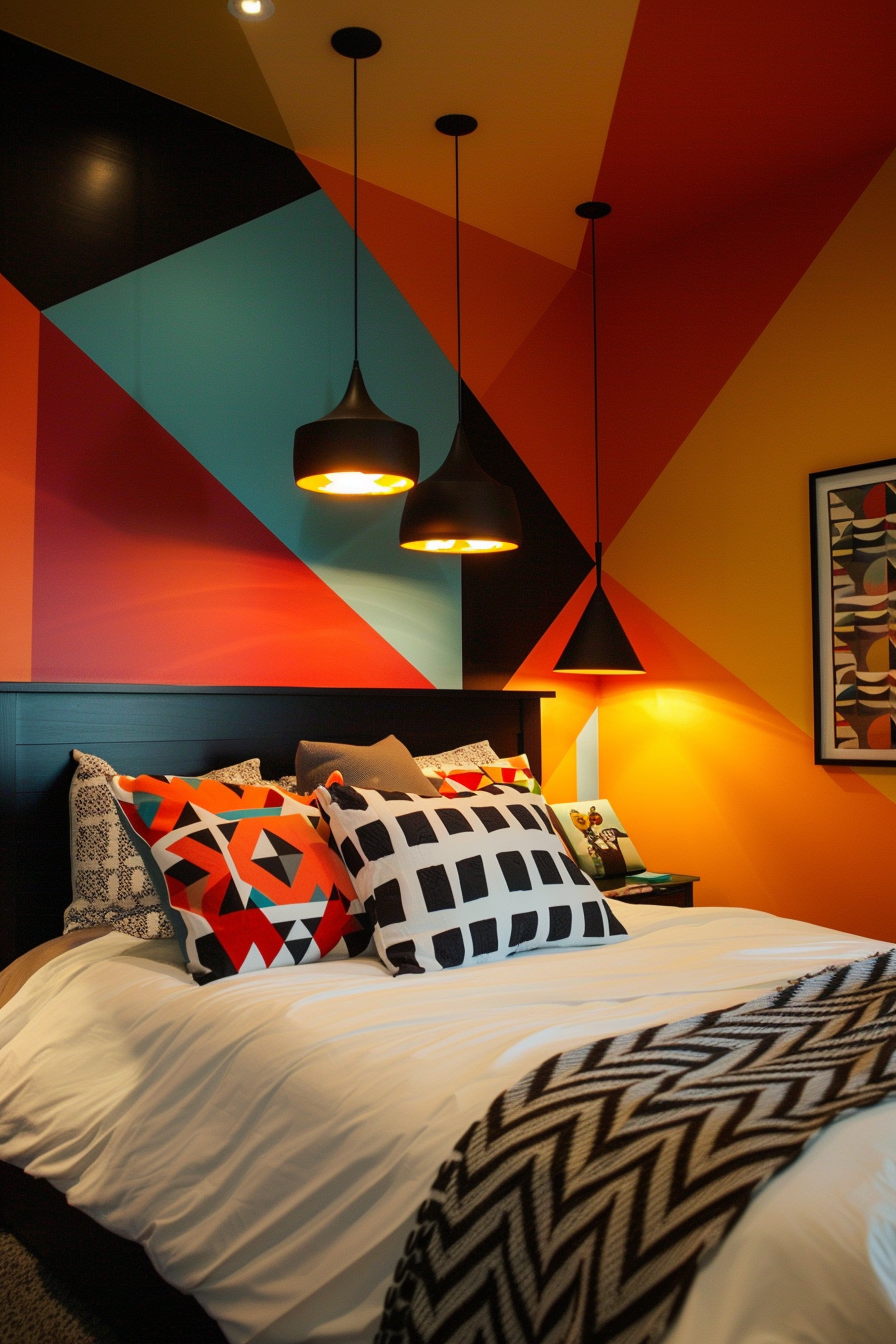 Modern bedroom with a colorful geometric-patterned accent wall, pendant lights, and decorative pillows.