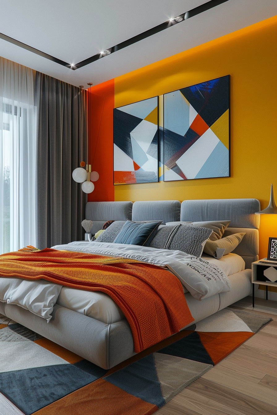 A modern bedroom with a large bed, grey and orange decor, abstract wall art, and ambient lighting.