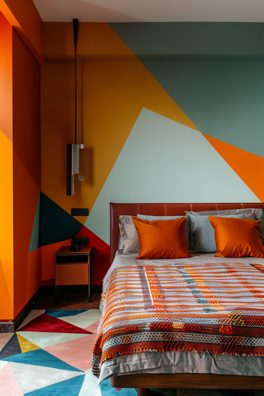 A colorful bedroom with geometric shapes on walls, a modern lamp, and a bed with a vibrant patterned bedspread and orange pillows.