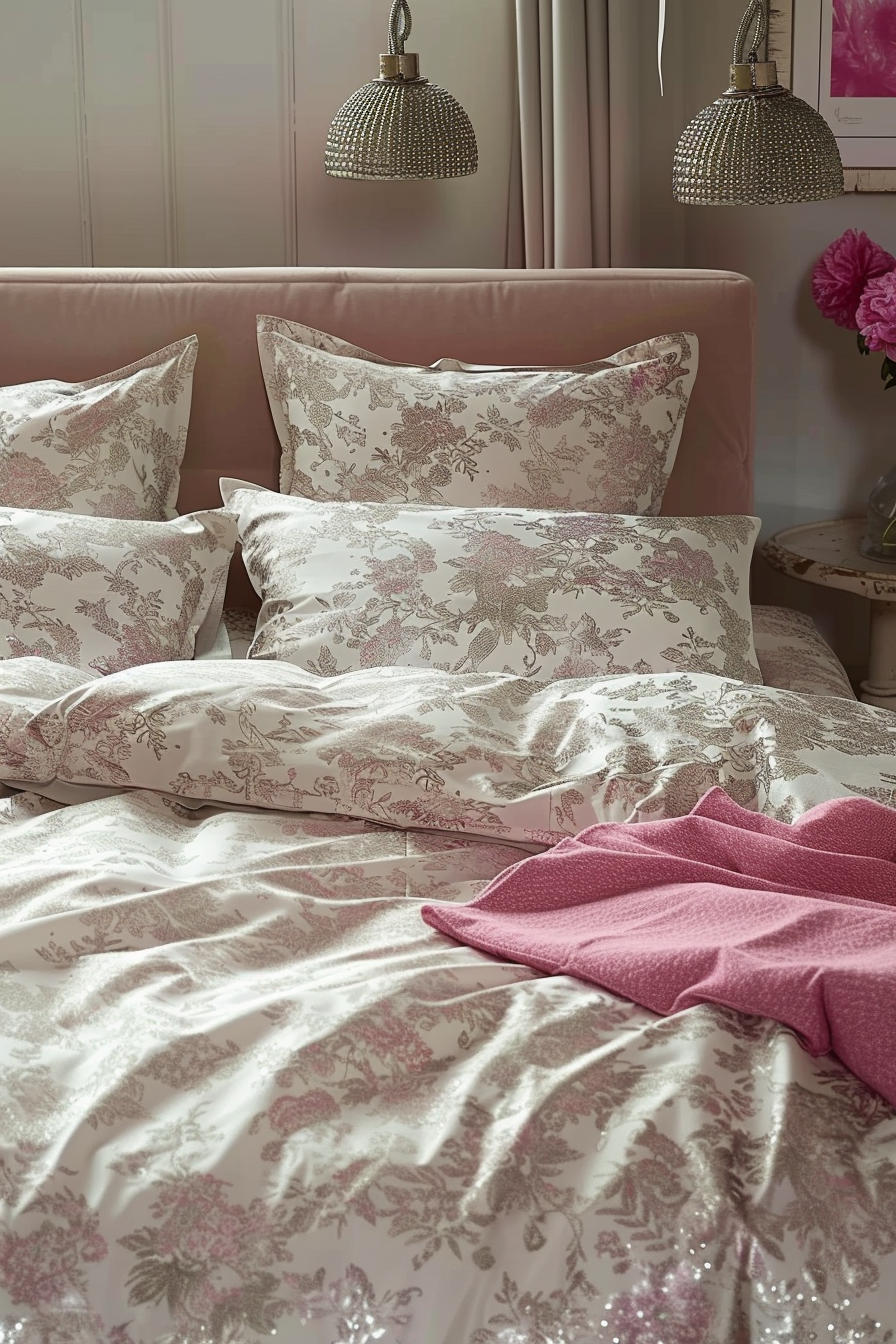 Elegant bedroom with pink and white floral bedding, a pink velvet headboard, beaded pendant lights, and a pink decorative pillow.