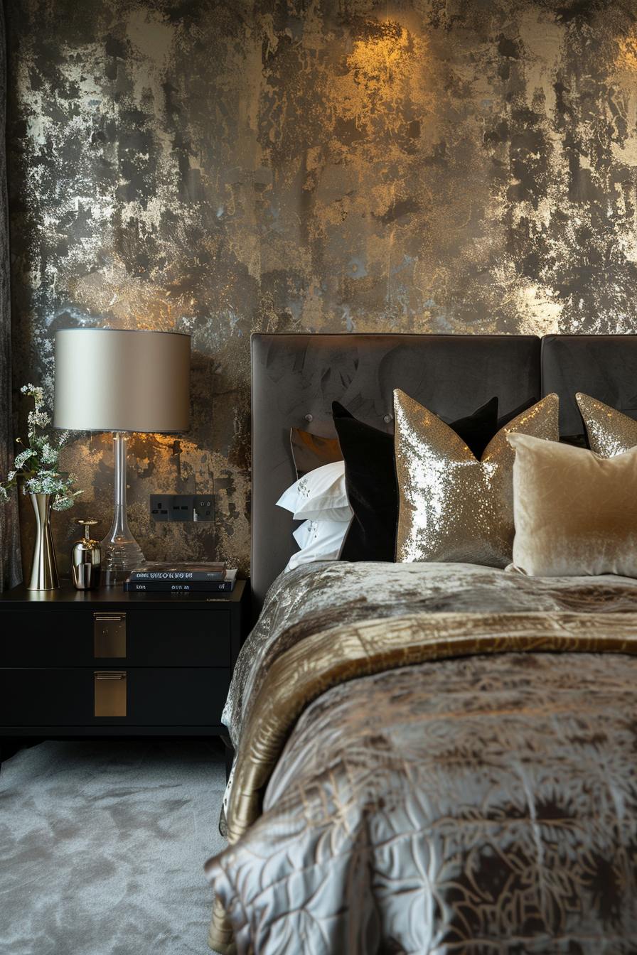 Luxury bedroom with metallic wallpaper, a grey headboard, sequined pillows, and gold-toned bedding.