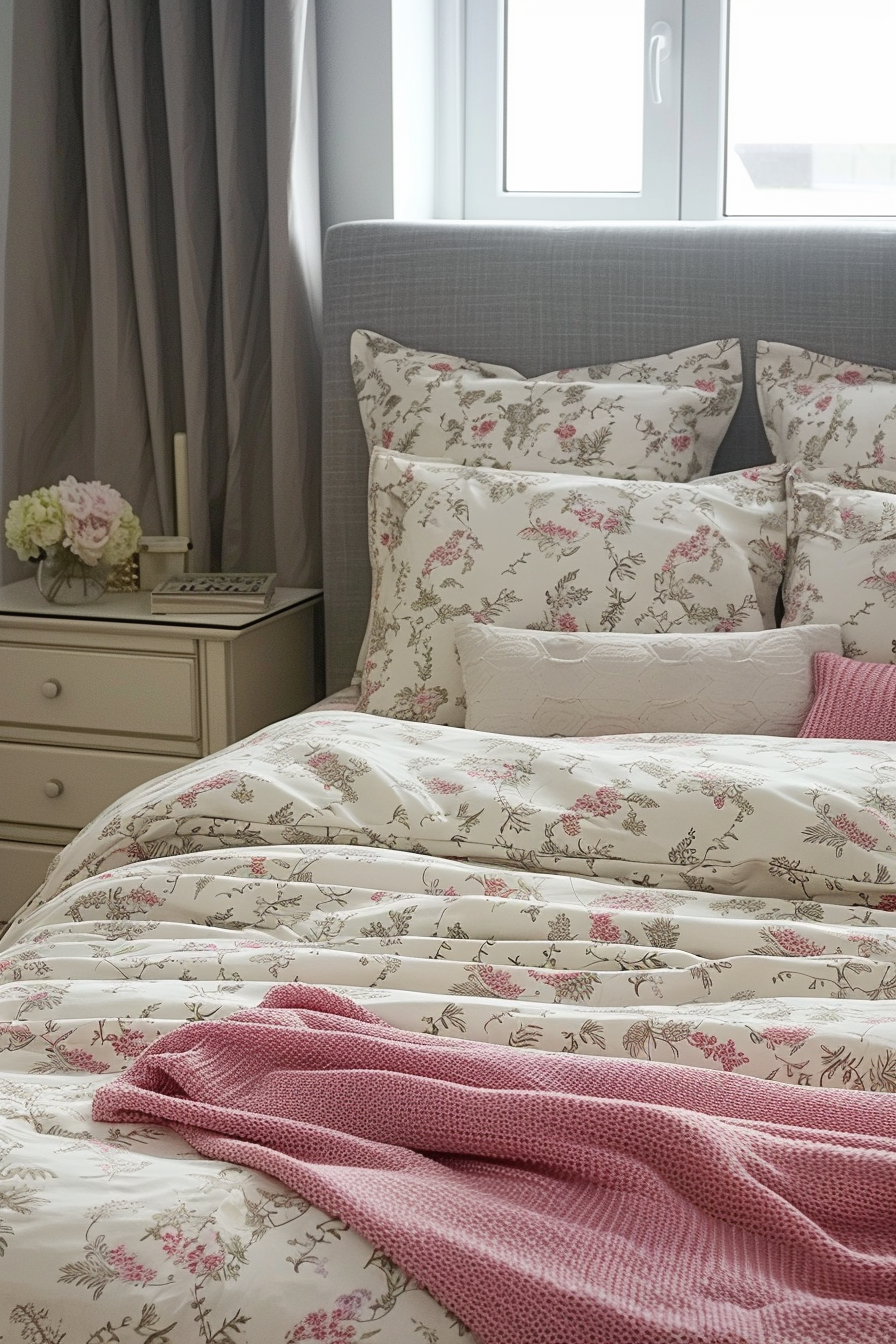 A cozy bedroom with a floral-patterned bedspread, multiple pillows, a pink knitted throw, and a nightstand with flowers by a window.