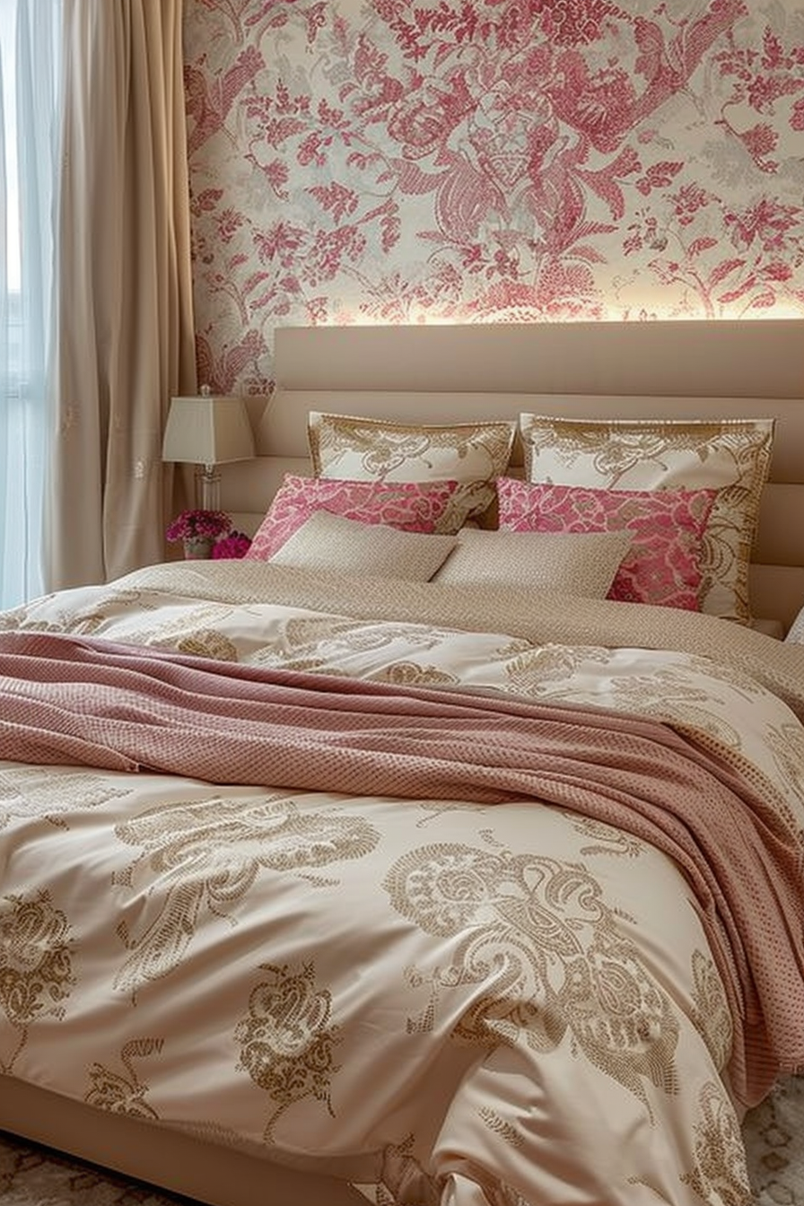 Elegant bedroom with a beige and pink patterned wallpaper, matching bedding set, and ambient lighting.