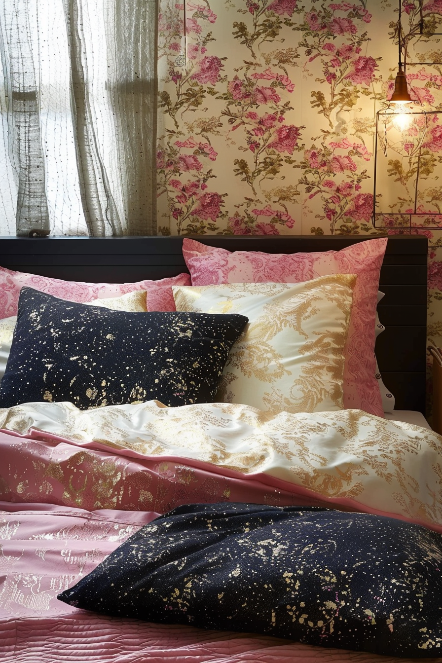 Elegant bedroom detail showing silk bedding with floral patterns, decorative pillows, and a floral wallpaper background with sheer curtains.