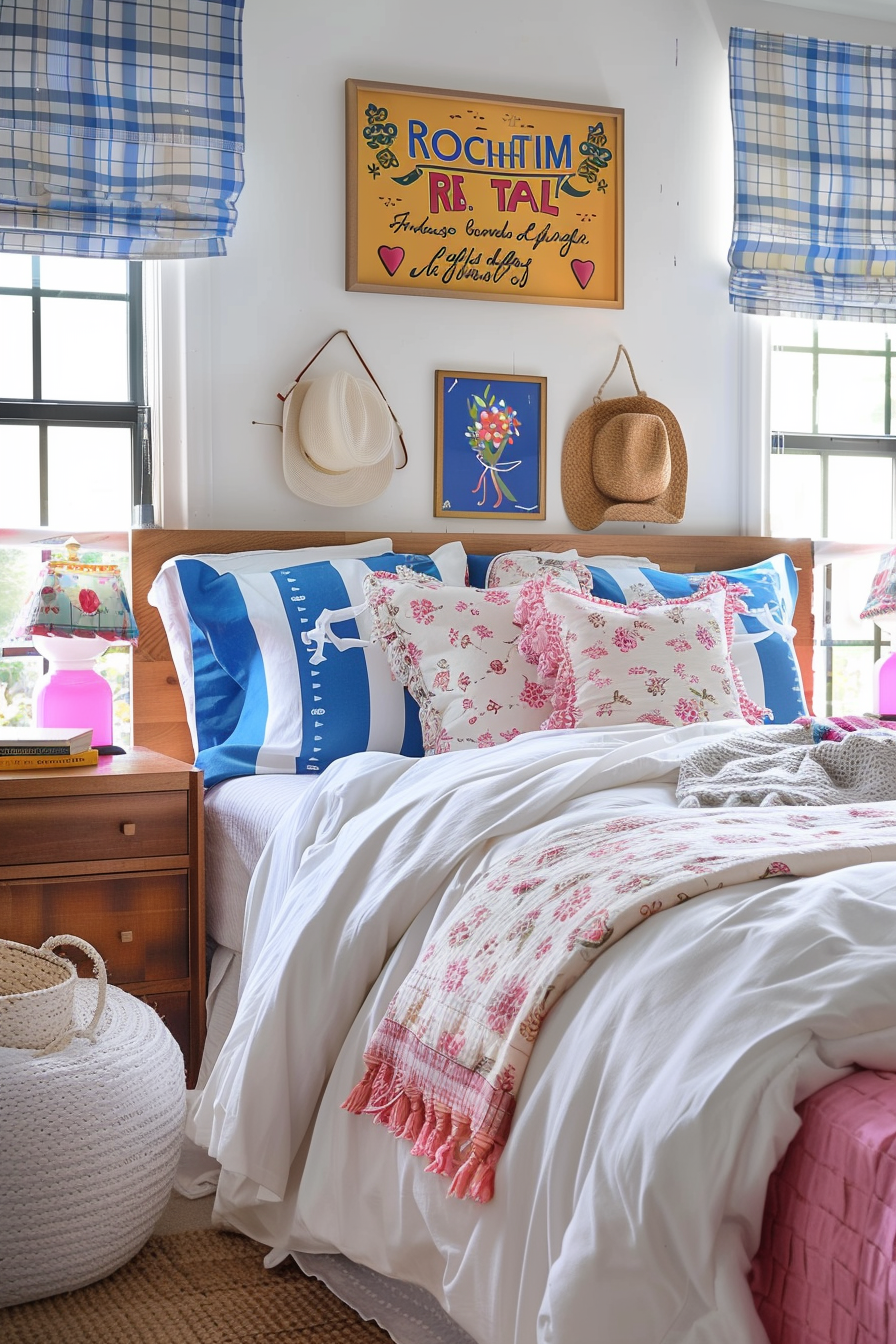 Cozy bedroom with a made bed featuring blue, white, and floral pillows, decorative signs, hats on the wall, and a checked window shade.