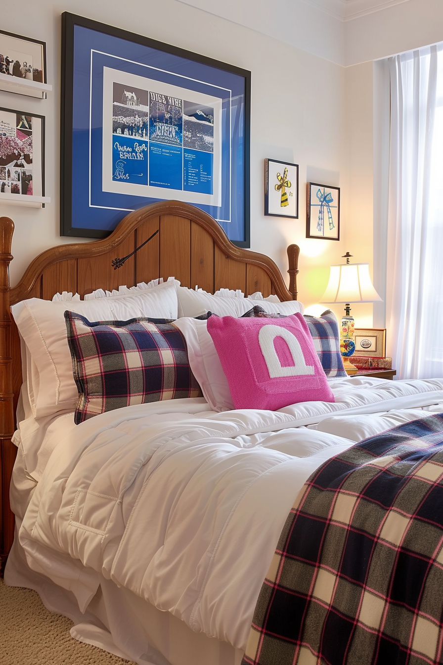 Cozy bedroom with twin beds, plaid bedding, pink accent pillow, wooden headboard, artwork on walls, and a table lamp.