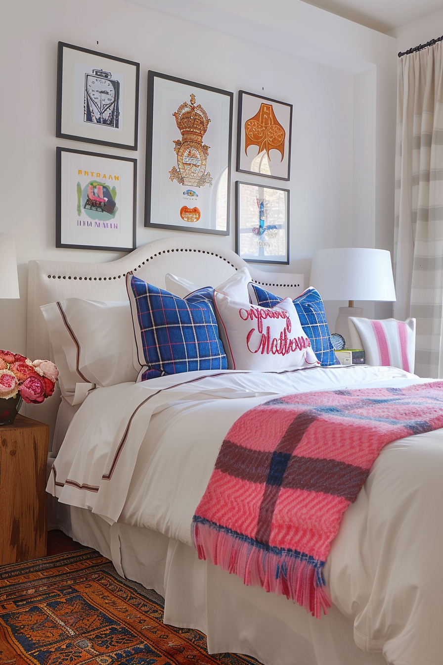 A cozy bedroom with white bedding, plaid blue pillows, a pink checkered throw blanket, and framed artwork on the wall.