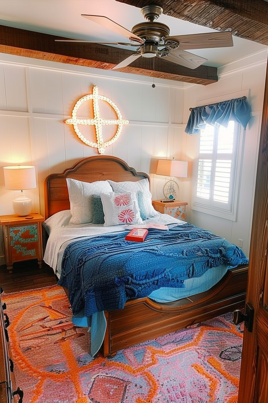 A cozy bedroom with a nautical theme, wooden bed frame, blue bedding, maritime decorations, and a light-up anchor on the wall.
