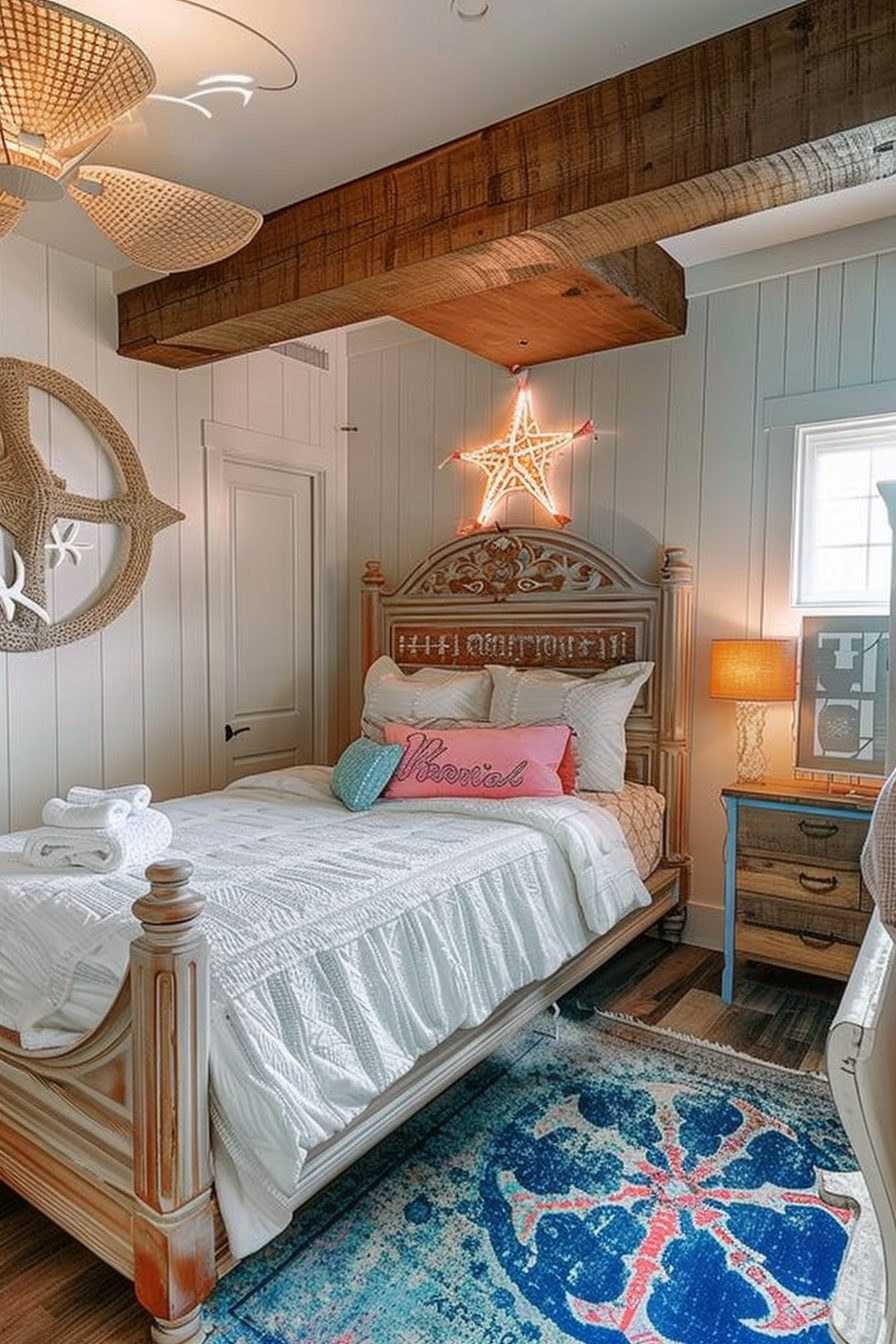 Cozy bedroom with nautical theme, wooden accent ceiling beam, star-shaped light fixture, and colorful rug.