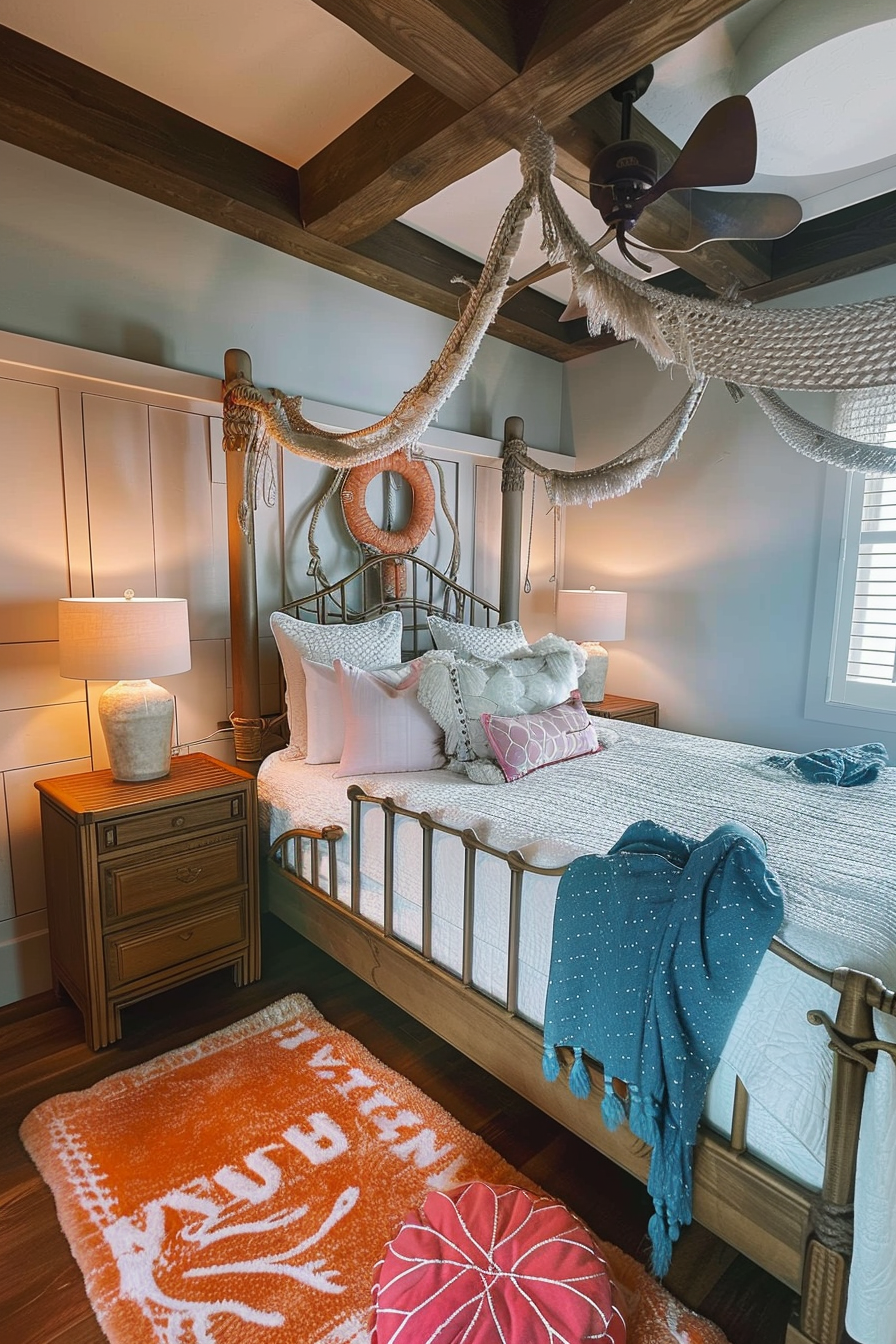 Cozy bedroom with nautical theme, wooden bed and beams, decorative ropes, marine life rug, and a soft color palette.