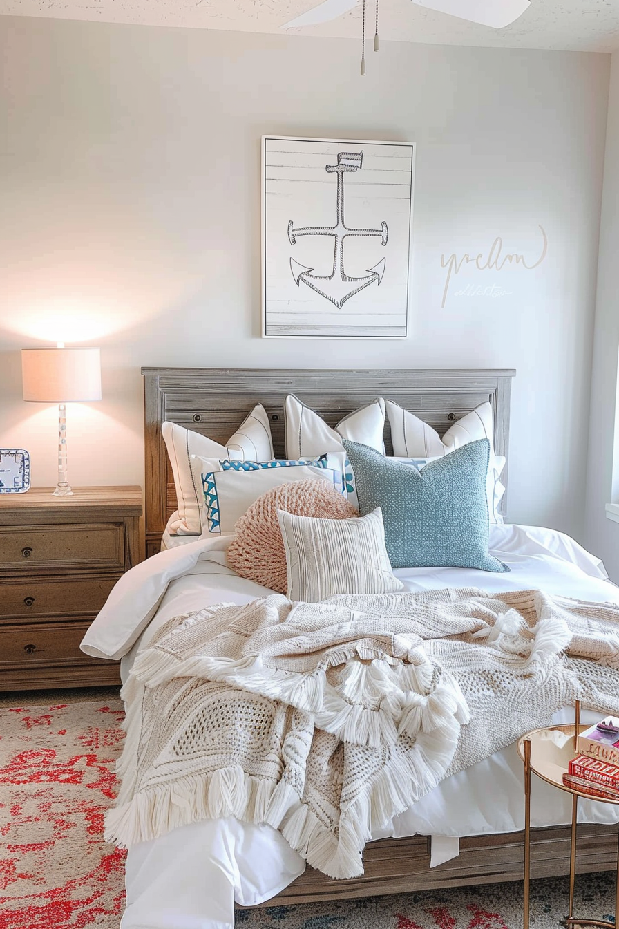 Cozy bedroom with a neatly made bed, decorative pillows, a nightstand with a lamp, and nautical-themed wall decor.