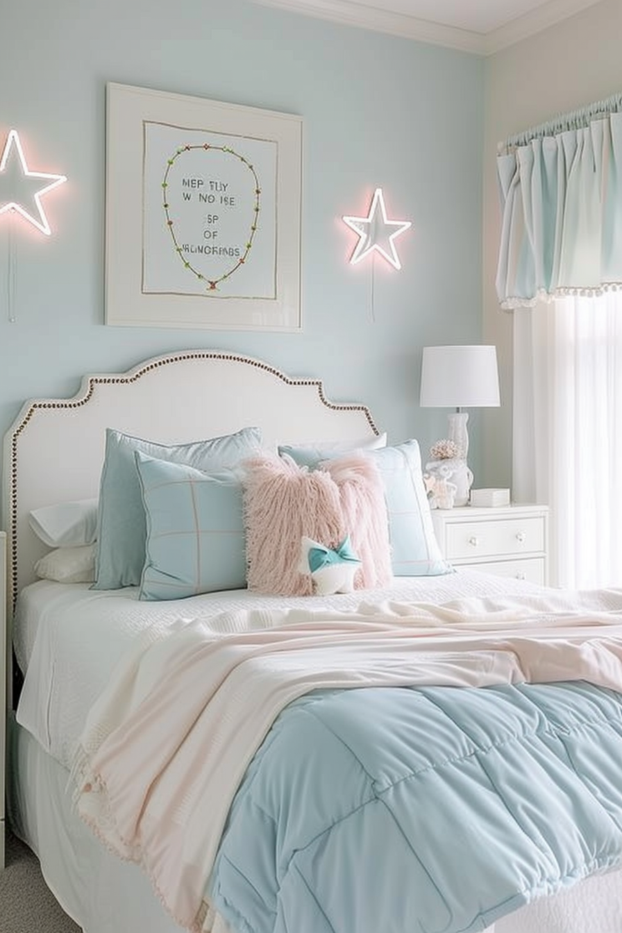 Pastel blue bedroom with a neatly made bed featuring plush pillows, star-shaped lights on the wall, and white curtains.