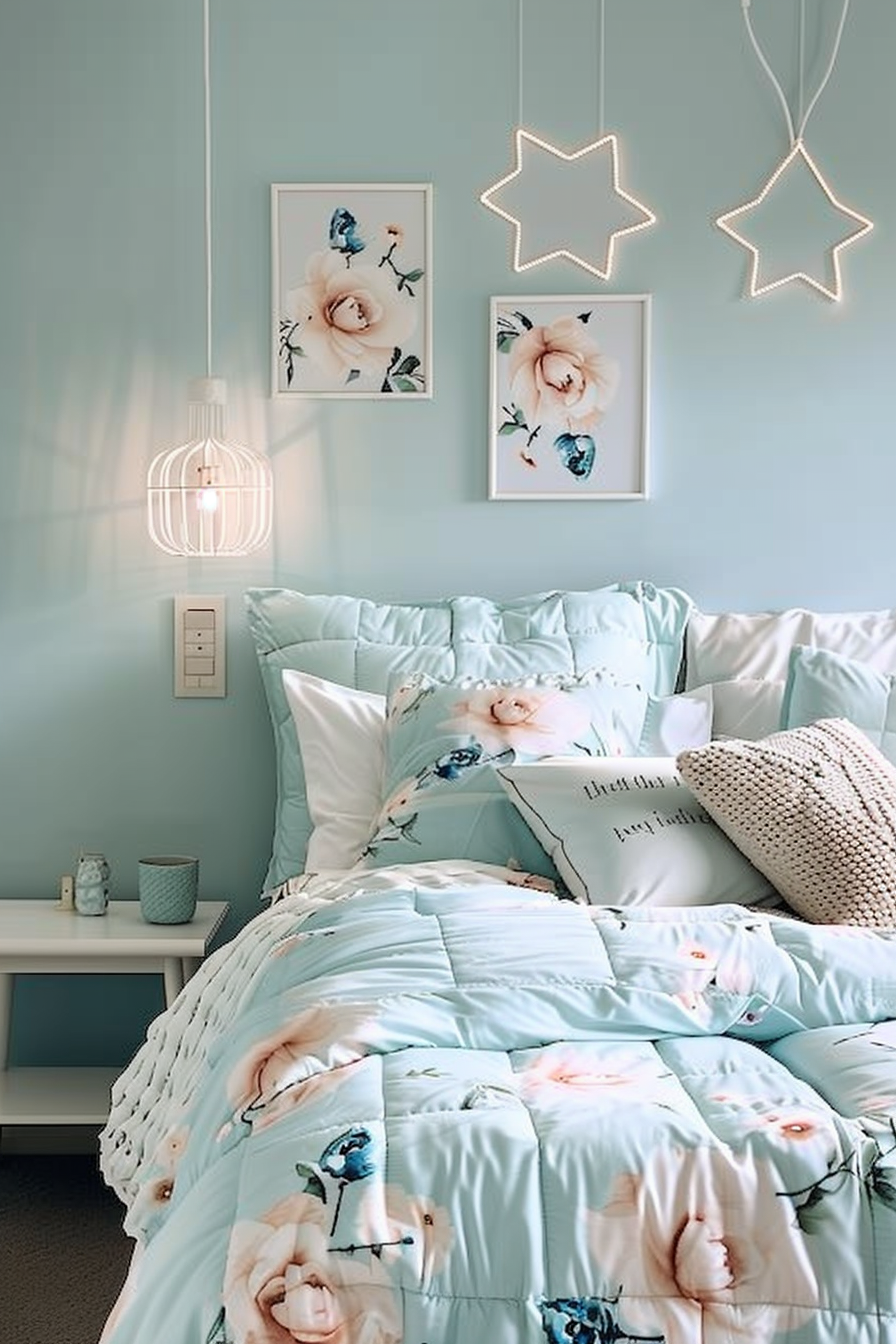 A cozy bedroom with a floral-themed bedspread, artistic flower prints on the wall, and whimsical star-shaped lights.