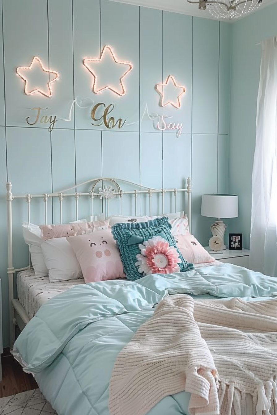 A cozy bedroom with a light blue theme, star-shaped lights on the wall, decorative pillows, and a white bed frame.