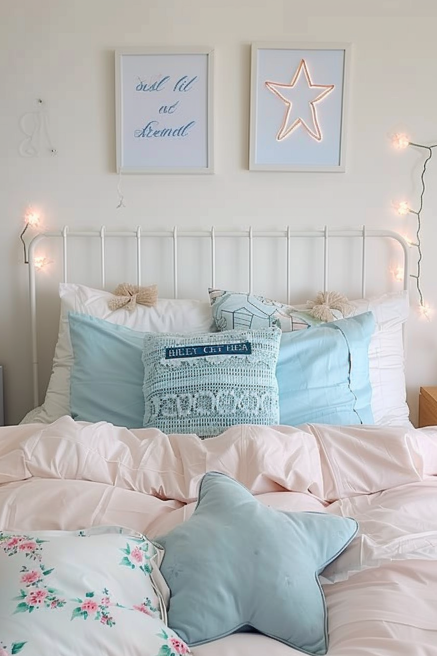 A cozy bedroom scene with a white bed adorned with pastel-colored pillows, framed quotes, and a star-shaped light on the wall.