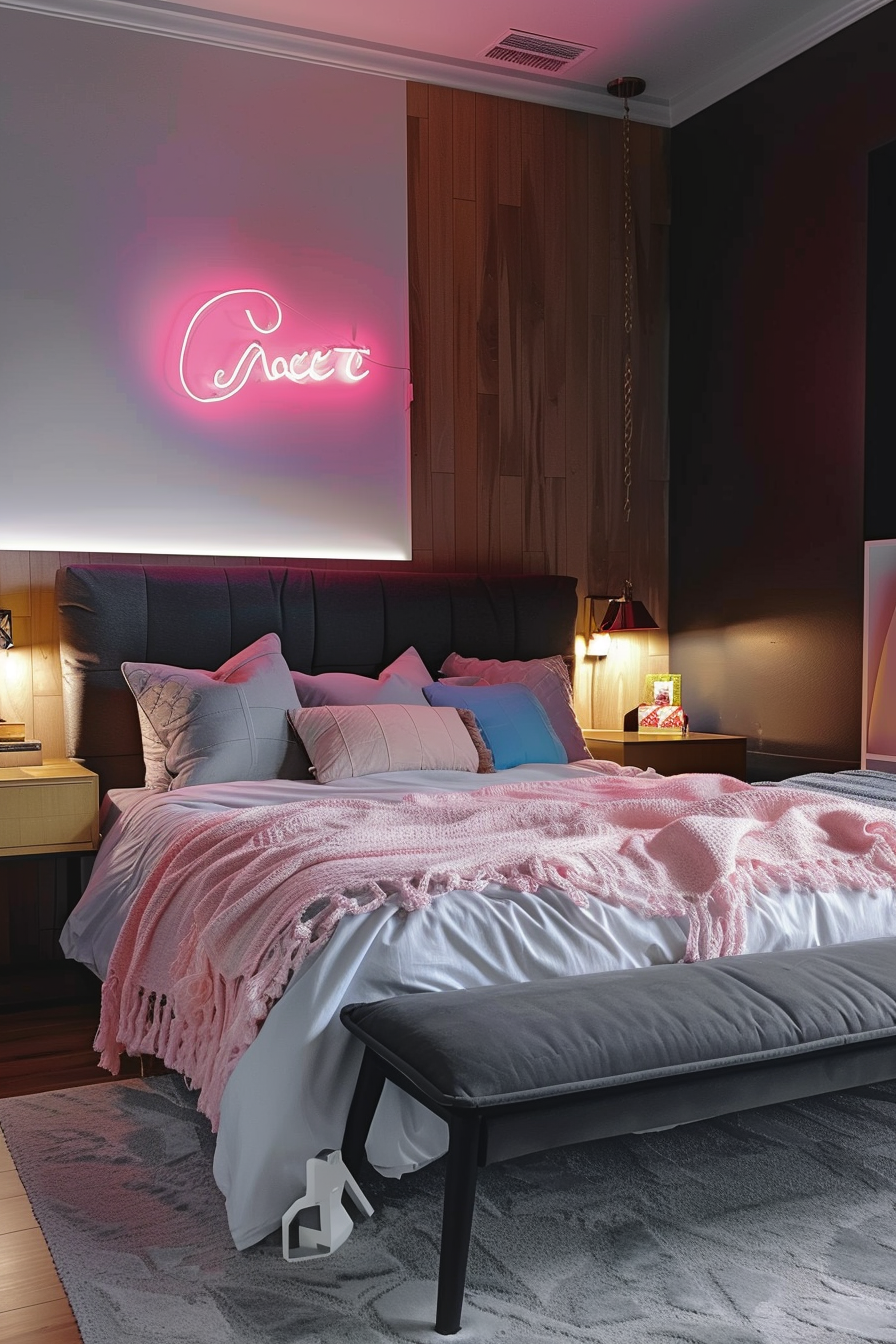 Cozy bedroom with a dark upholstered bed, pink neon “Sweet” sign on wood-paneled wall, and soft pink and gray bedding.