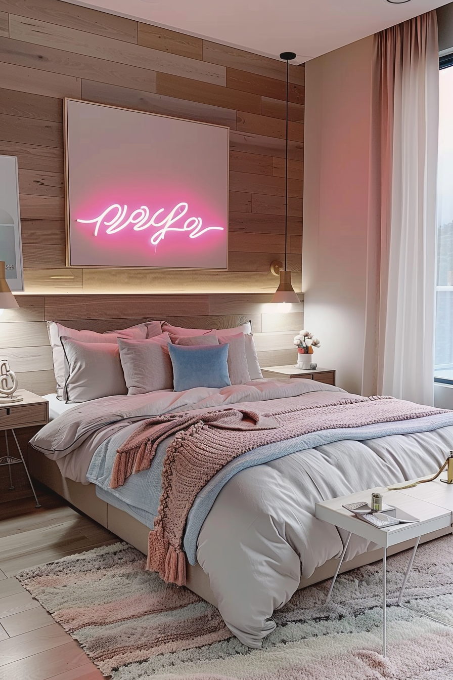 Modern bedroom with cozy bedding, warm wooden accents, and a neon sign reading "Relax" above the bed.
