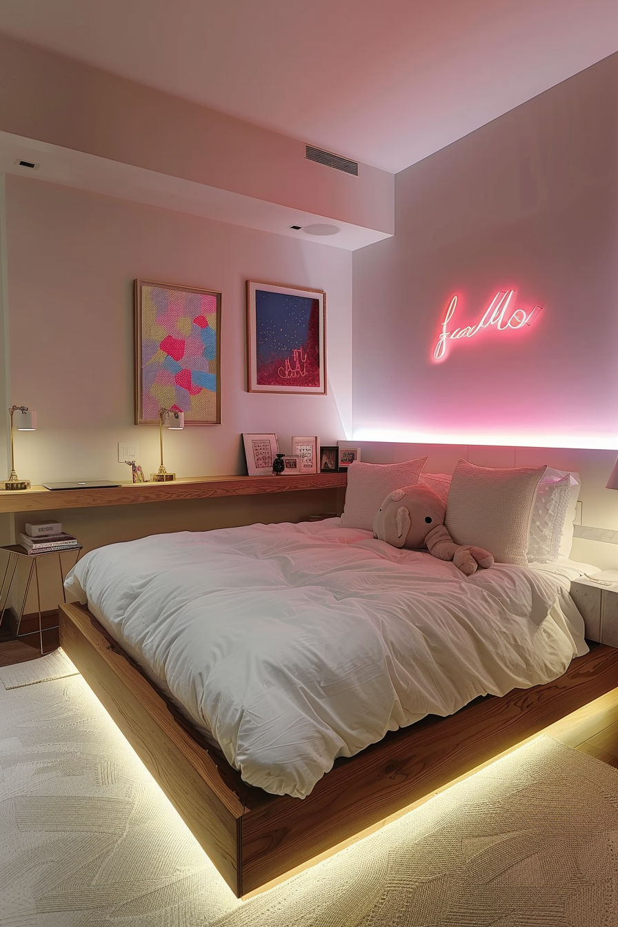 Modern bedroom with pink neon sign above the bed, framed artwork on the wall, and ambient lighting under the bed frame.
