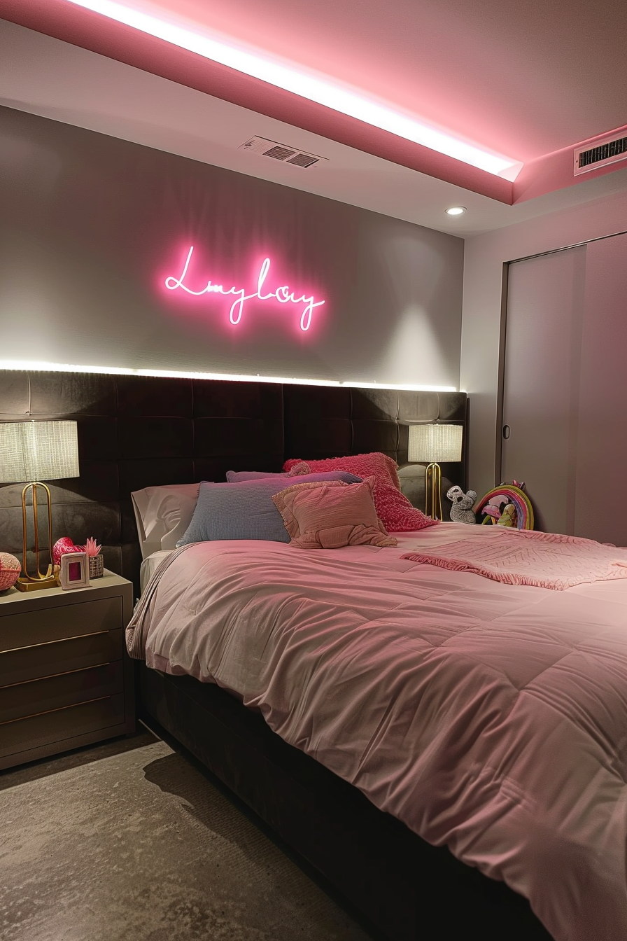 Modern bedroom with pink neon 'Love' sign on wall, plush bedding, ambient lighting, and stylish decor.
