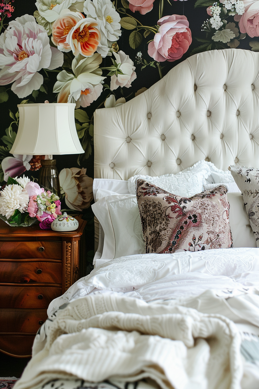 Elegant bedroom corner with a tufted white headboard, floral wallpaper, vintage wood nightstand, lamp, and decorative pillows.