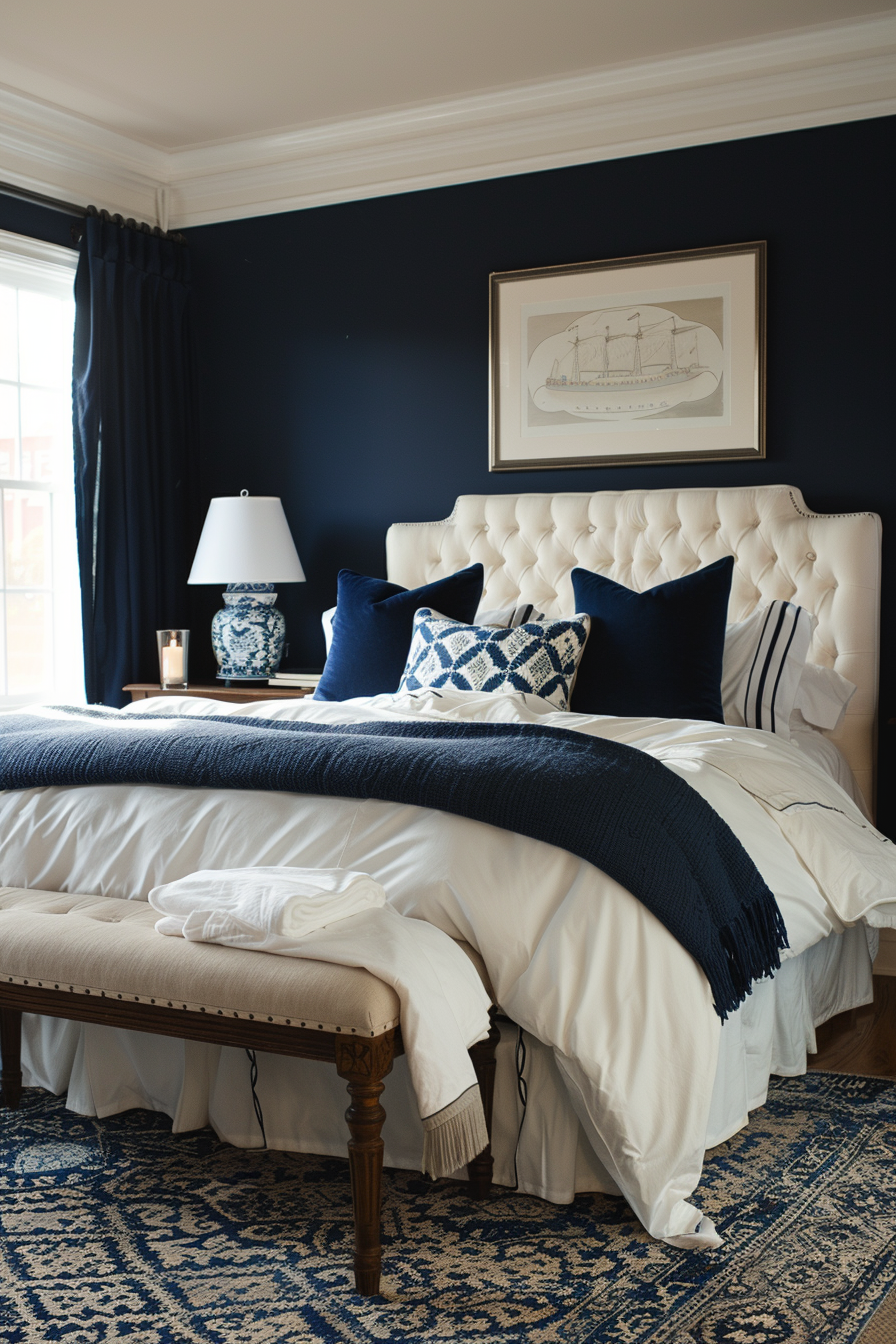 Elegant bedroom featuring a tufted bedhead, navy blue and white bedding, with a dark wall and framed ship artwork.